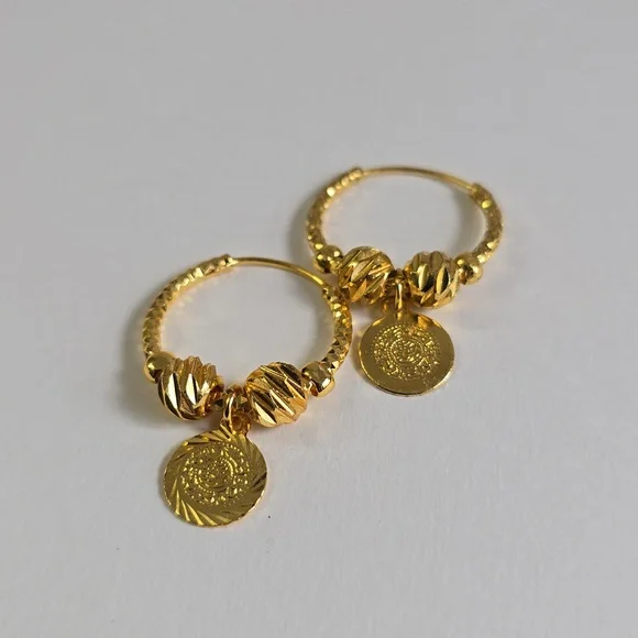 Vintage Dangle Hoop Earrings — Textured Beads & Coin Charms - Picture 1 of 5